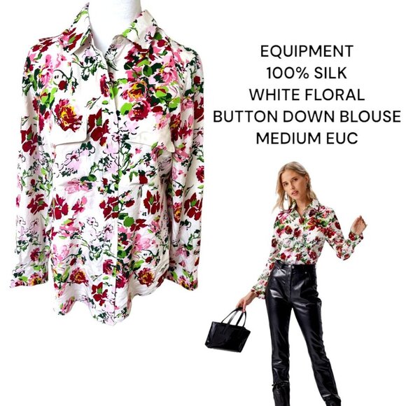 STUNNING EQUIPMENT 100% SILK WHITE FLORAL BUTTON DOWN BLOUSE MEDIUM‎ EUC - Picture 1 of 5
